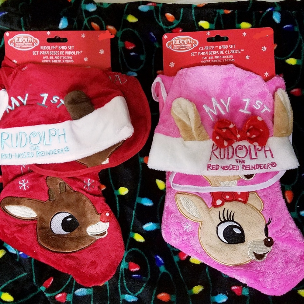 1st Christmas plush hat bib stocking set boy girl
